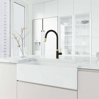 Brass kitchen faucet in black and gold with included hose and sprayer