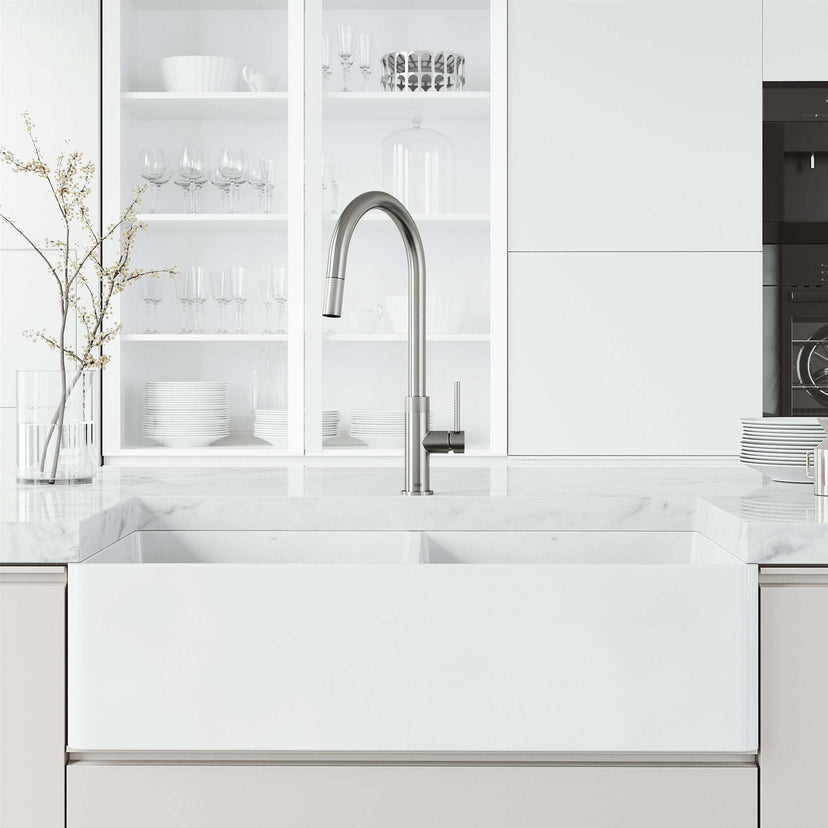 Stainless steel faucet with 19-inch assembled height and deck mount