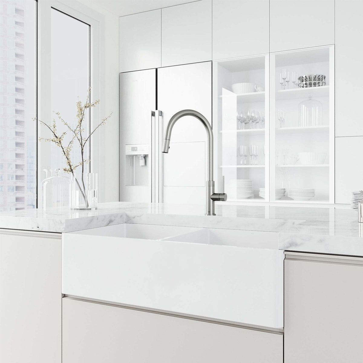 Brass kitchen faucet in stainless steel with included hose and sprayer