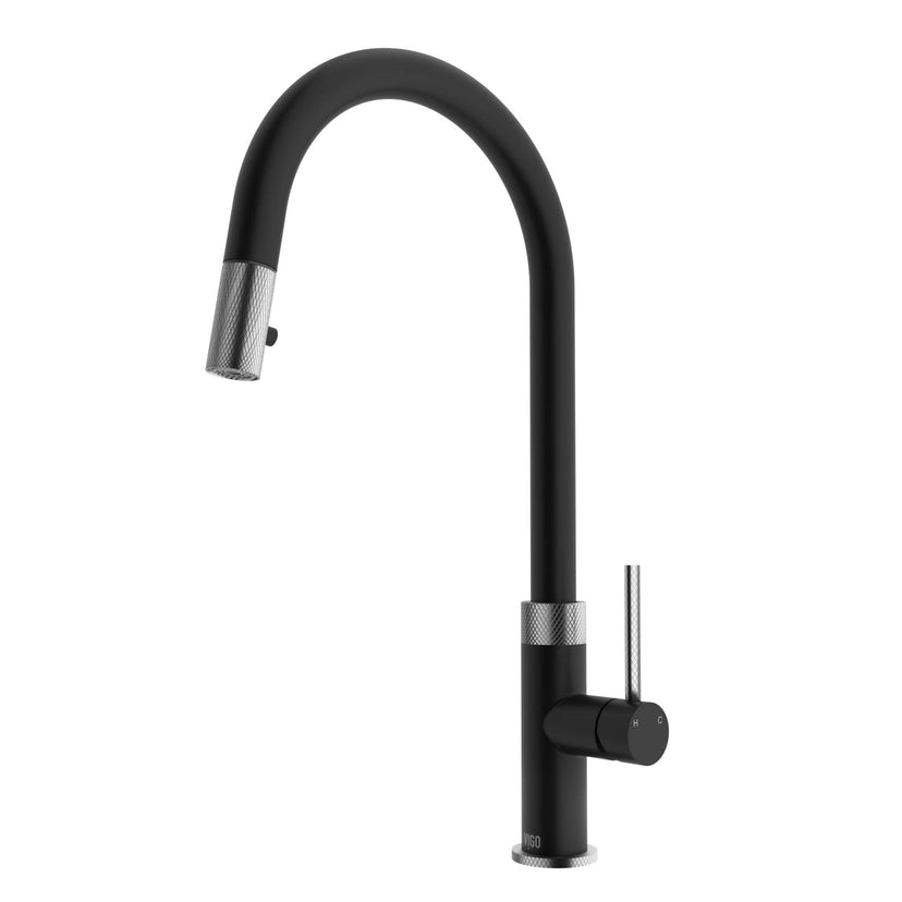 High-arc gooseneck faucet in black and steel with included supply lines