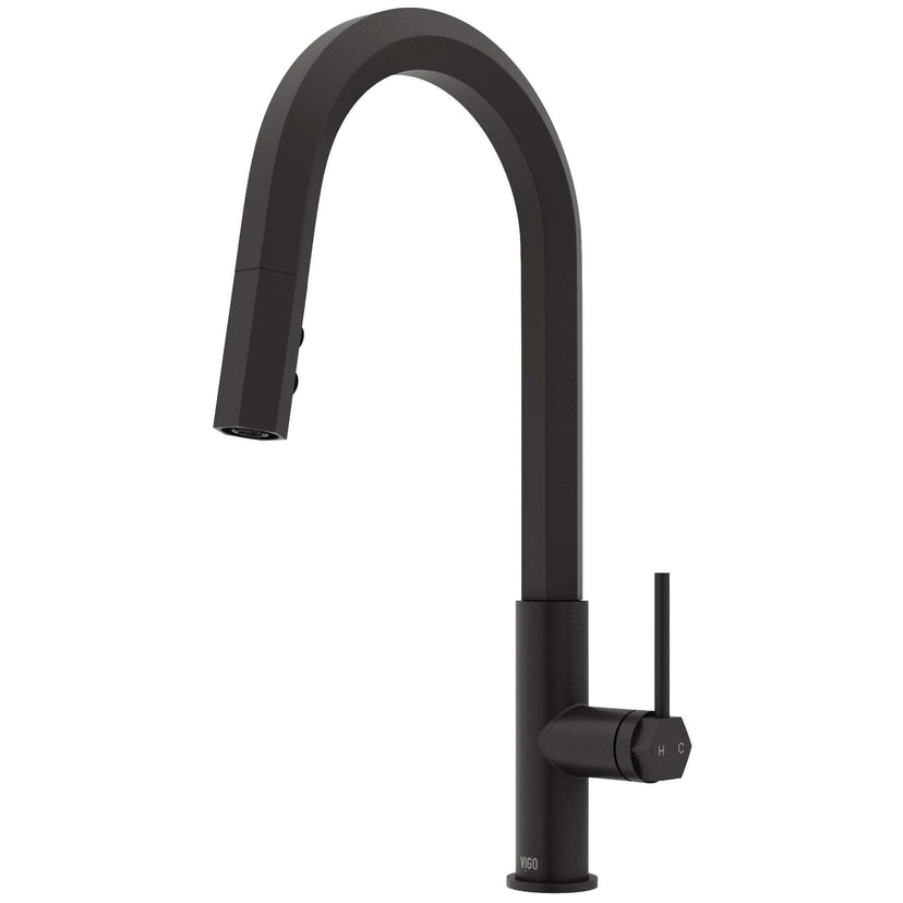 VIGO Hart Pull-Down Kitchen Faucet in stainless steel with hexagonal body and high-arc spout