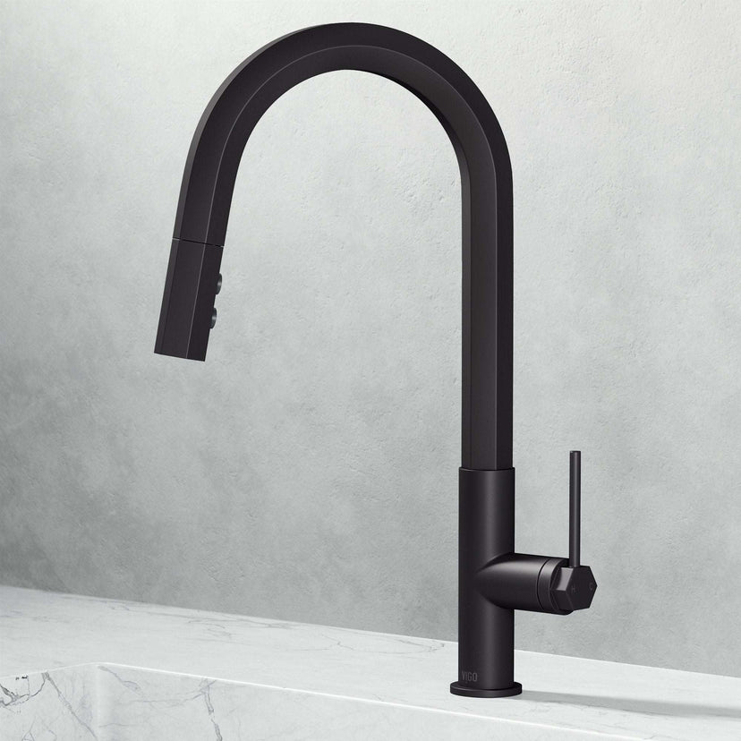 VIGO Hart Hexad stainless steel pull-down kitchen faucet with high-arc spout and hexagonal design
