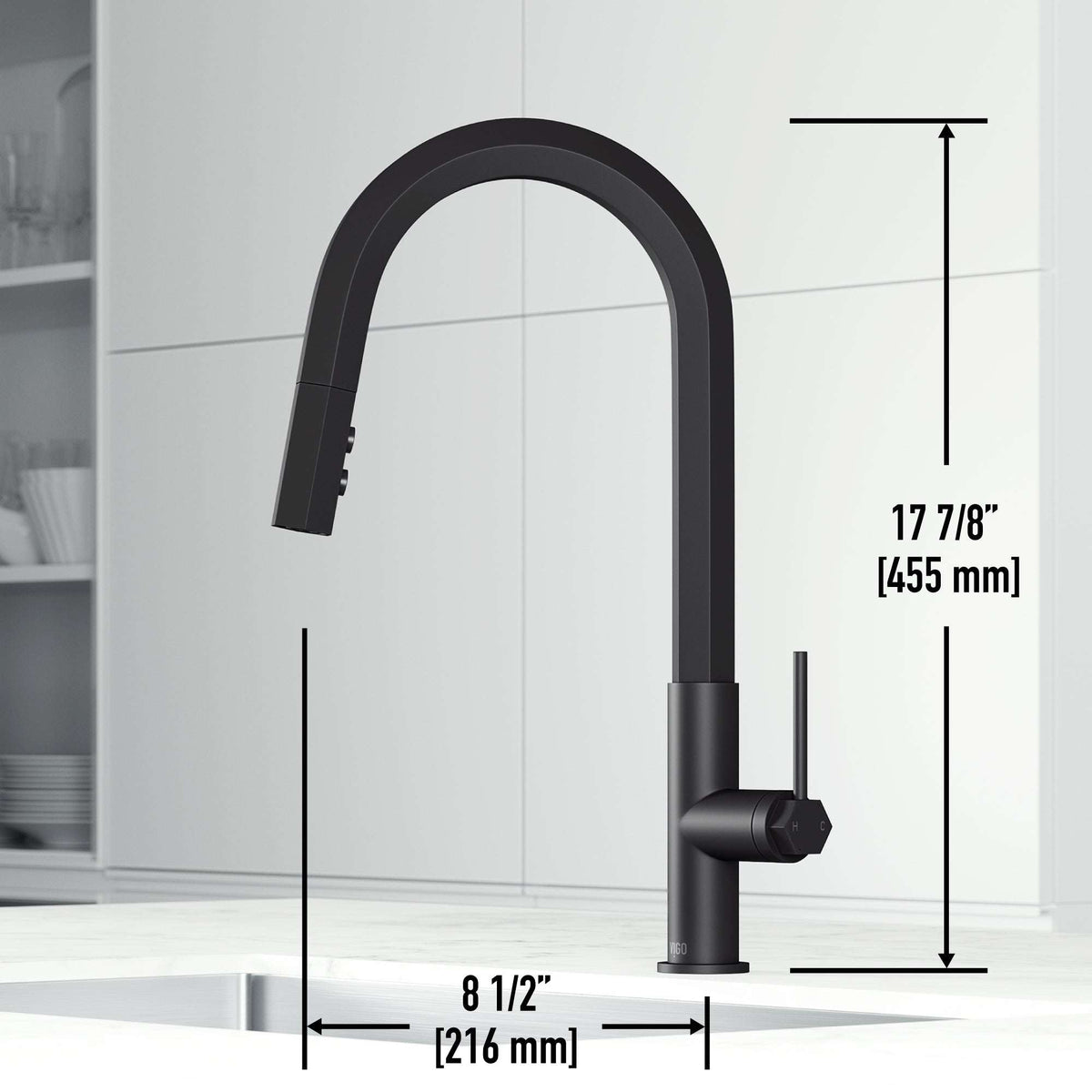VIGO Hart pull-down kitchen faucet in stainless steel with hexagonal design and high-arc spout
