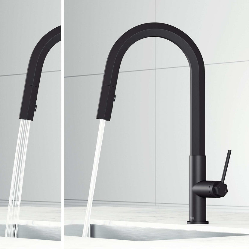 VIGO Hart Pull-Down Kitchen Faucet in stainless steel with hexagonal design and high-arc spout
