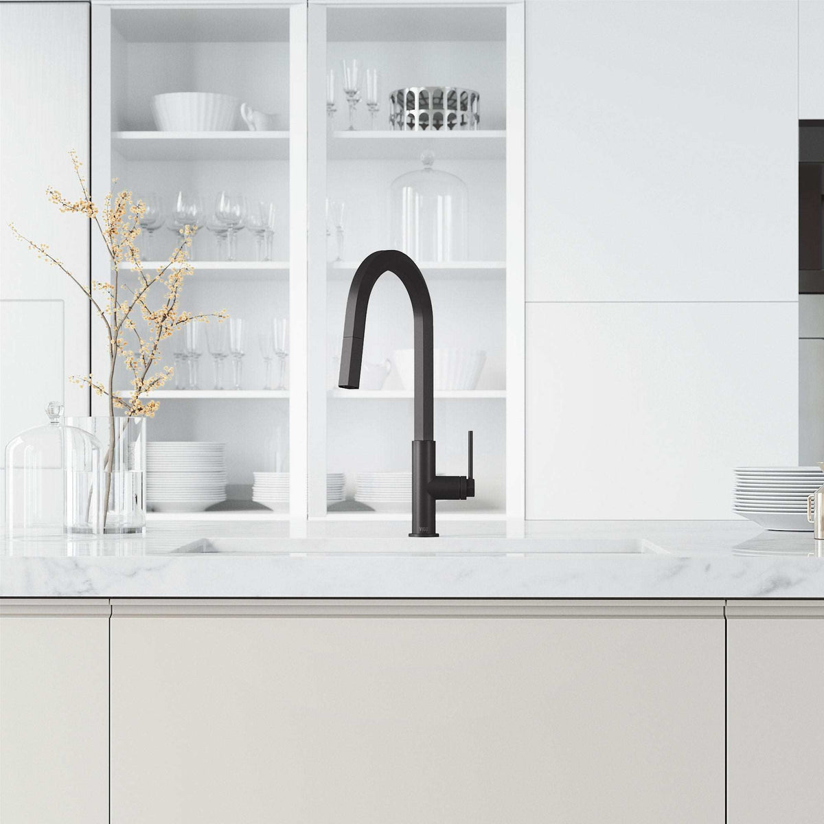 VIGO Hart Pull-Down Kitchen Faucet in stainless steel with hexagonal design and high-arc spout