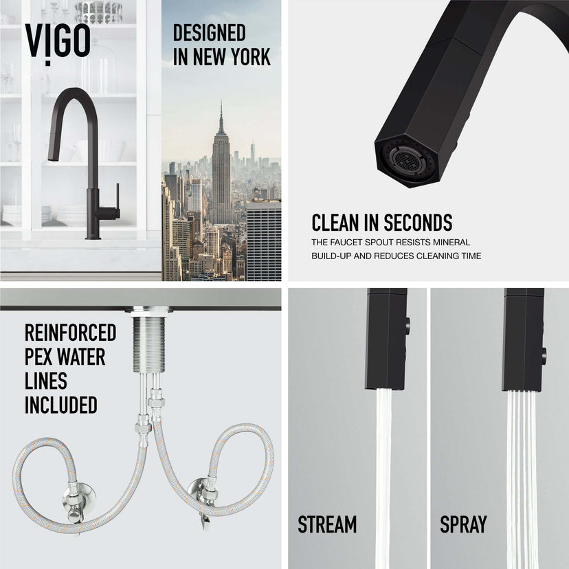 VIGO Hart pull-down kitchen faucet in stainless steel with hexagonal design and high-arc spout