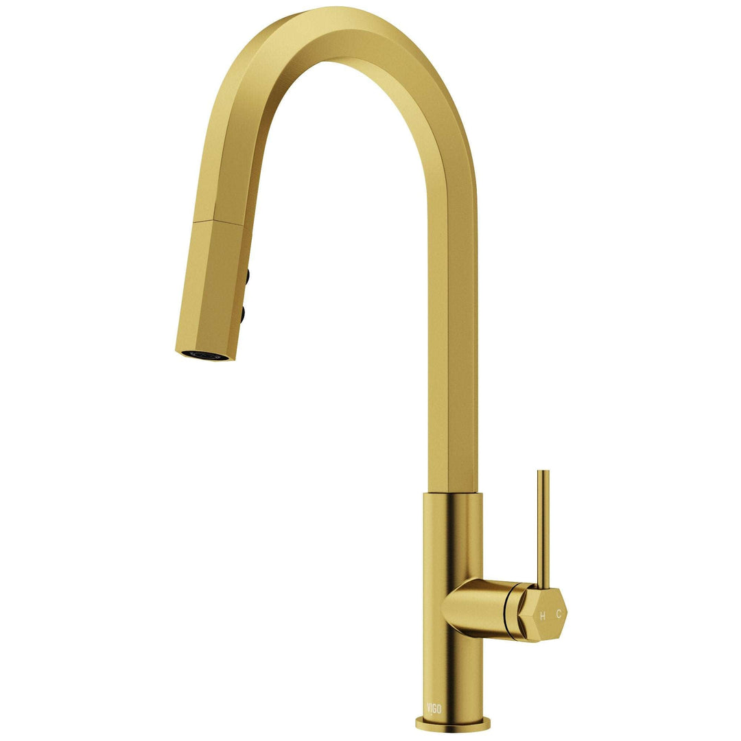 VIGO Hart Pull-Down Kitchen Faucet in stainless steel with hexagonal design and high-arc spout