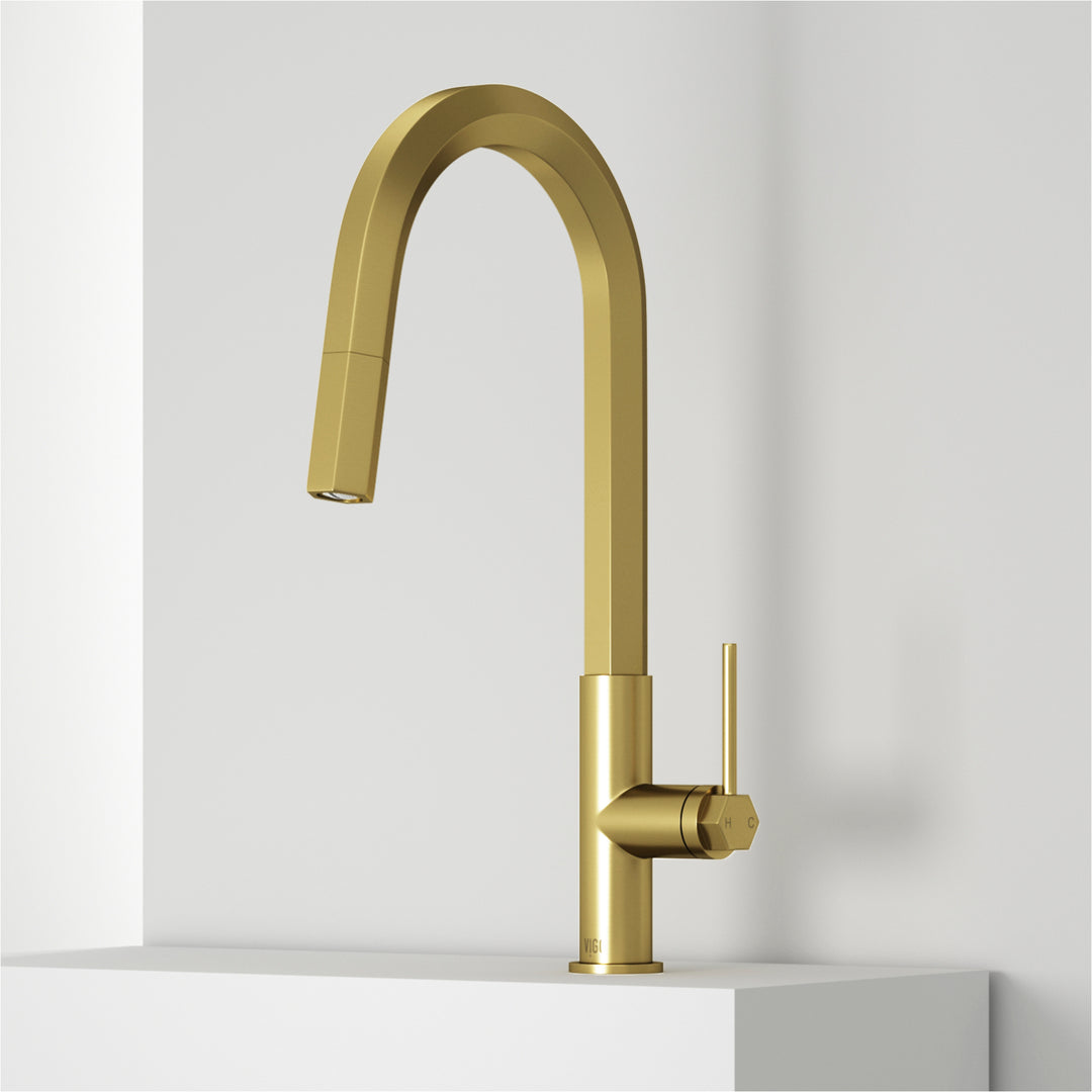 Matte brushed gold kitchen faucet with pull-down sprayer and gooseneck spout