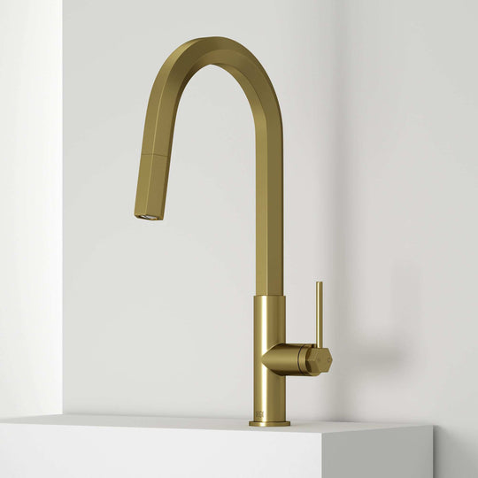 VIGO Hart Pull-Down Kitchen Faucet in stainless steel with hexagonal design and high-arc spout