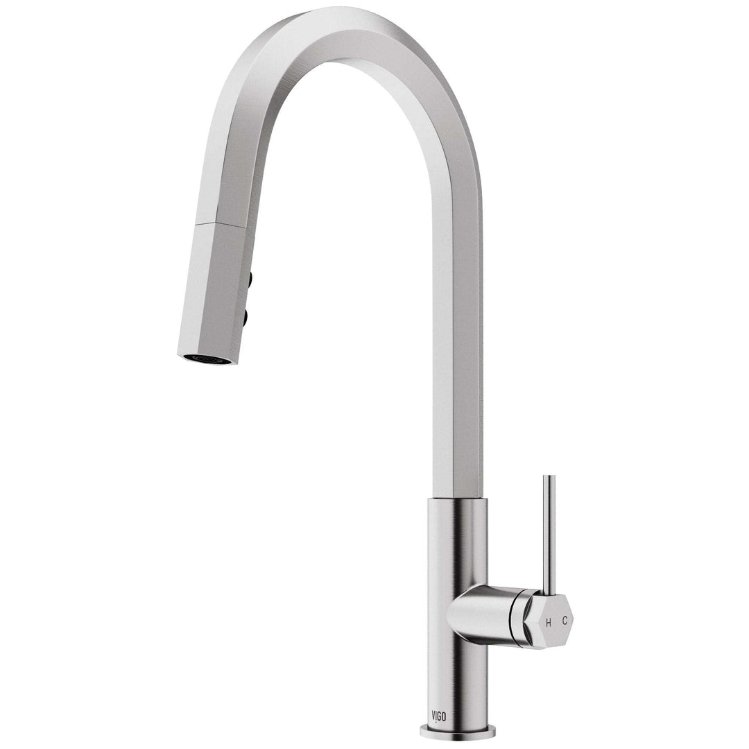 VIGO Hart Pull-Down Kitchen Faucet in Stainless Steel with hexagonal design and high-arc spout
