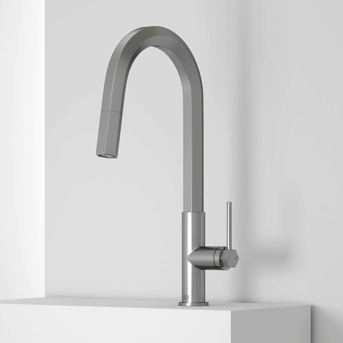 VIGO Hart Hexad stainless steel pull-down kitchen faucet with hexagonal design and high-arc spout