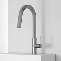 VIGO Hart Hexad stainless steel pull-down kitchen faucet with hexagonal design and high-arc spout