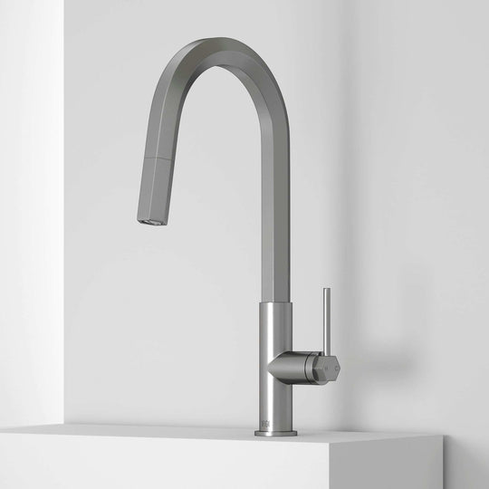 VIGO Hart Hexad stainless steel pull-down kitchen faucet with hexagonal design and high-arc spout