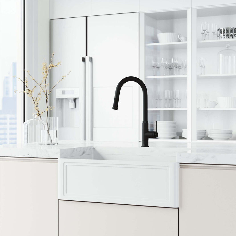 Modern deck-mounted kitchen faucet in matte black with ceramic disc cartridge