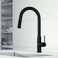 Brass kitchen faucet with matte black finish and dual-mode sprayer