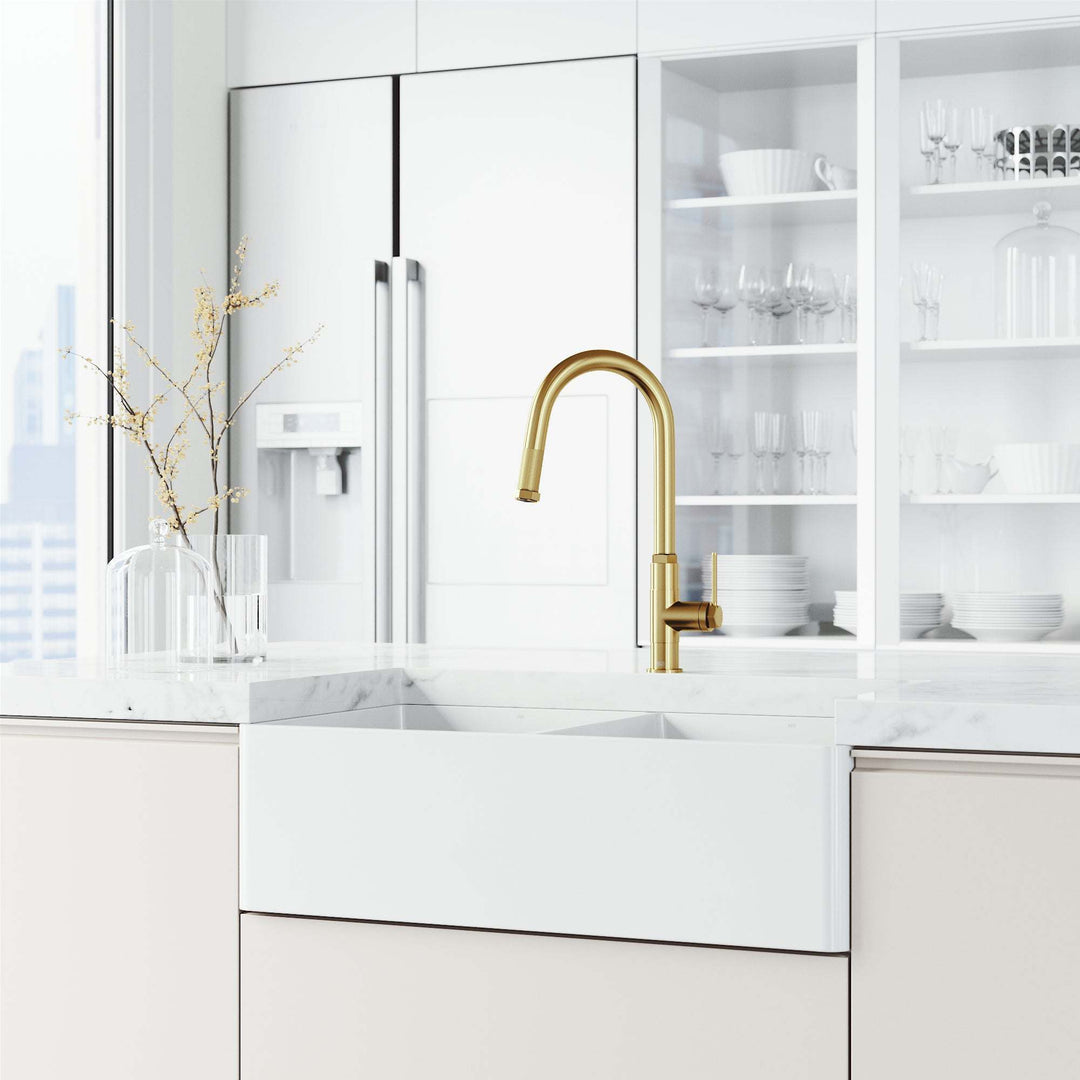 Modern deck-mounted faucet with gooseneck spout and ceramic disc valve