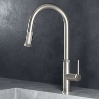 VIGO Hart pull-down kitchen faucet in stainless steel with high-arc spout and hexagonal design