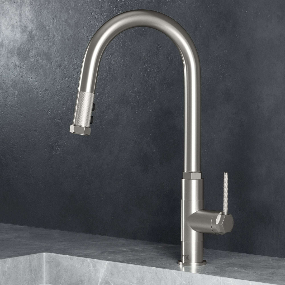VIGO Hart pull-down kitchen faucet in stainless steel with high-arc spout and hexagonal design
