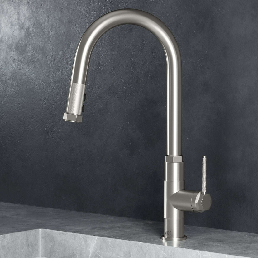 VIGO Hart pull-down kitchen faucet in stainless steel with high-arc spout and hexagonal design