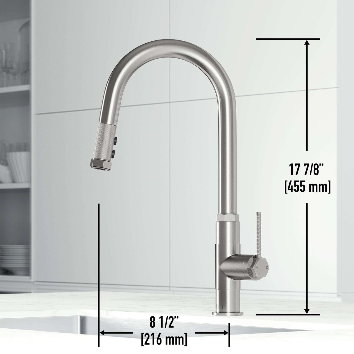 Stainless steel Hart pull-down kitchen faucet with high-arc spout and hexagonal handle design