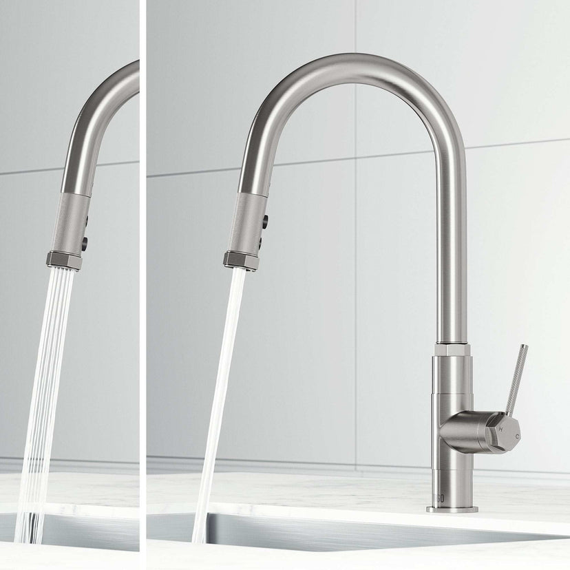 VIGO Hart stainless steel pull-down kitchen faucet with high-arc spout and hexagonal handle design