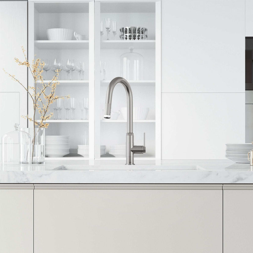 Sleek stainless steel Hart pull-down kitchen faucet with high-arc spout and hexagonal design for modern kitchens