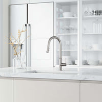 VIGO Hart Pull-Down Kitchen Faucet in stainless steel with high-arc spout and hexagonal handle design