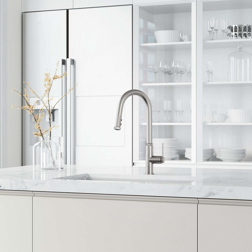VIGO Hart Pull-Down Kitchen Faucet in stainless steel with high-arc spout and hexagonal handle design