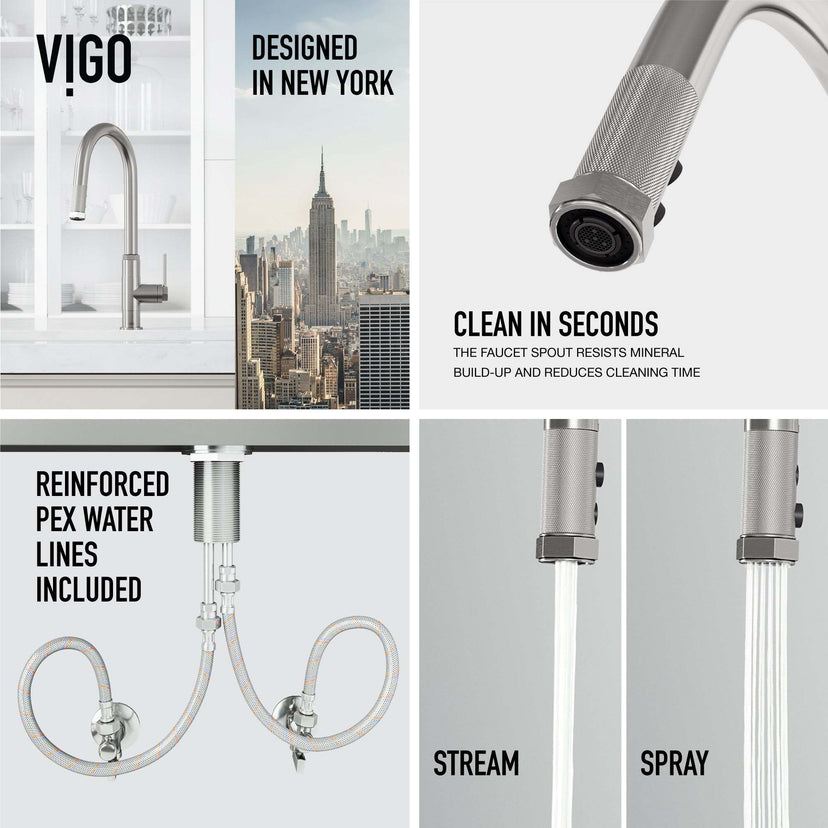 VIGO Hart stainless steel pull-down kitchen faucet with high-arc spout and hexagonal design handle
