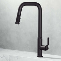 VIGO Hart Angular stainless steel pull-down kitchen faucet with high-arc spout and hexagonal handle accents
