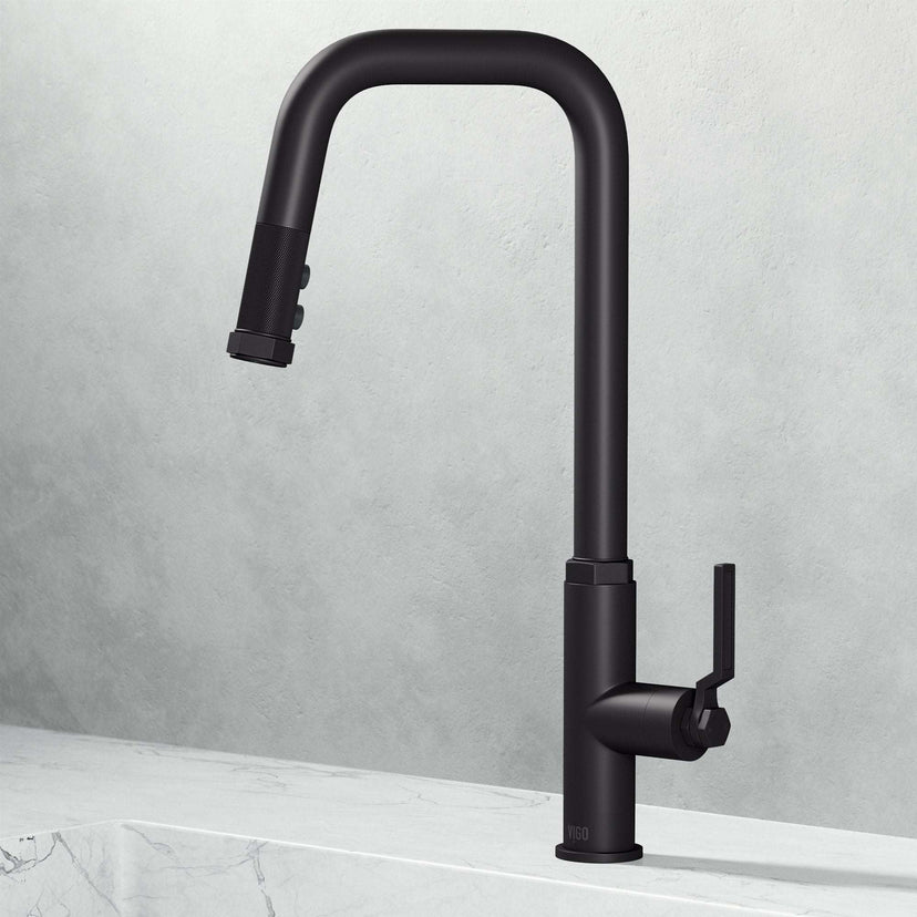 VIGO Hart Angular stainless steel pull-down kitchen faucet with high-arc spout and hexagonal handle accents