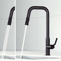 Hart Angular 18-inch high-arc pull-down kitchen faucet in stainless steel with hexagonal accents and dual-mode spray head