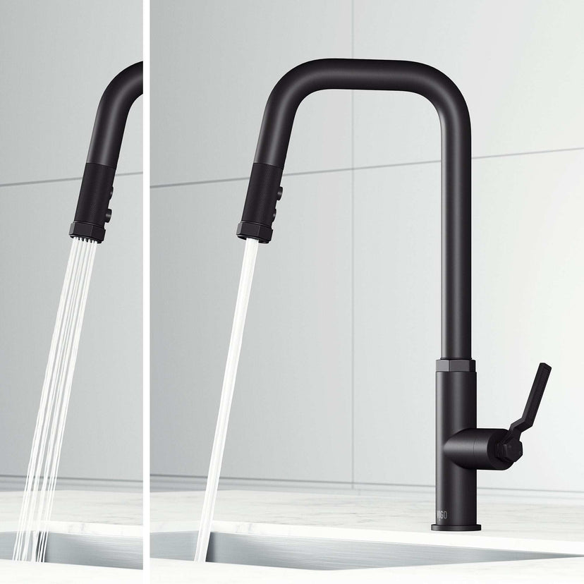 Hart Angular 18-inch high-arc pull-down kitchen faucet in stainless steel with hexagonal accents and dual-mode spray head