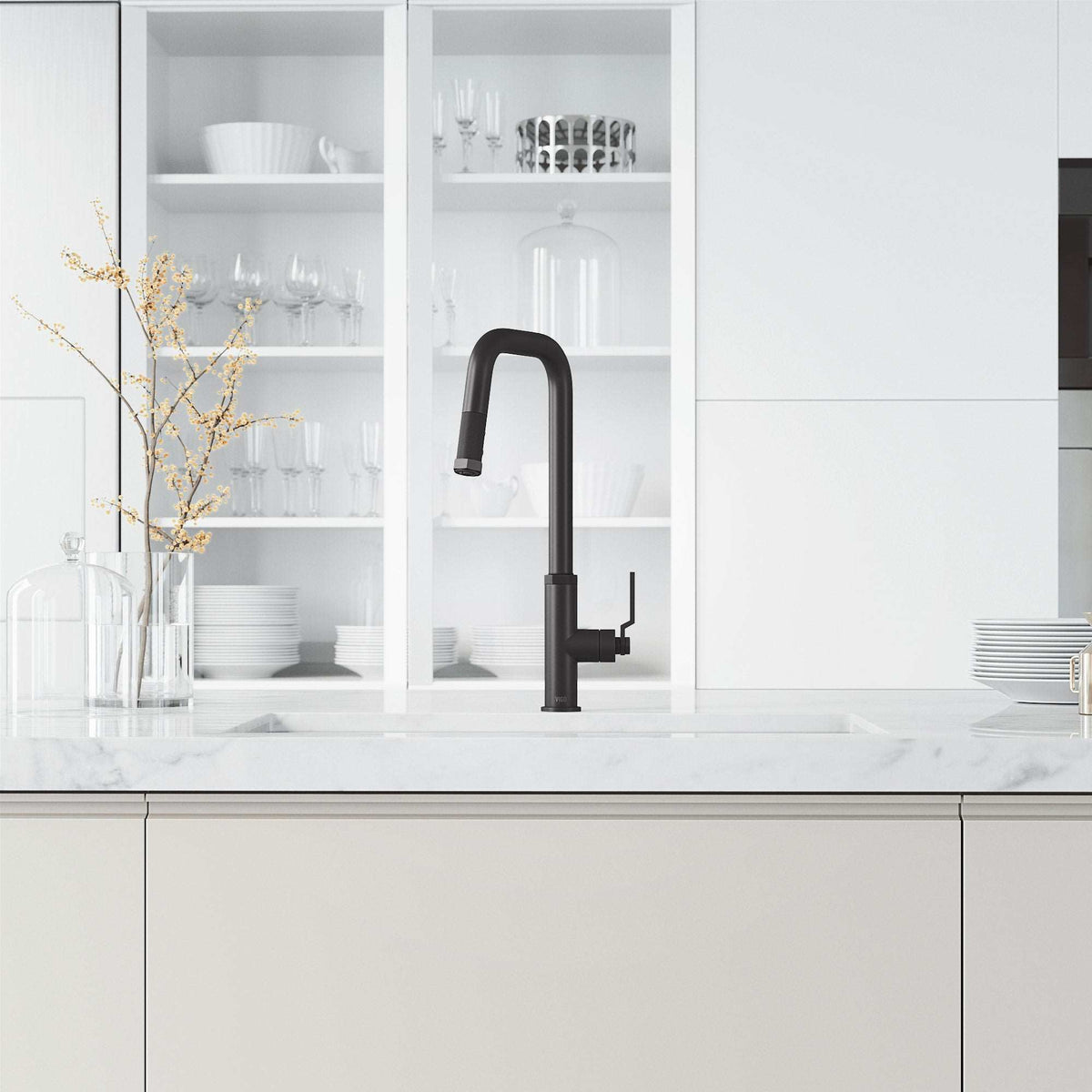 VIGO Hart Angular 18-in Stainless Steel pull-down kitchen faucet with high-arc spout and dual-mode spray head
