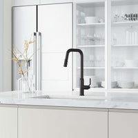 Hart Angular 18-inch stainless steel pull-down kitchen faucet with hexagonal accents and high-arc spout