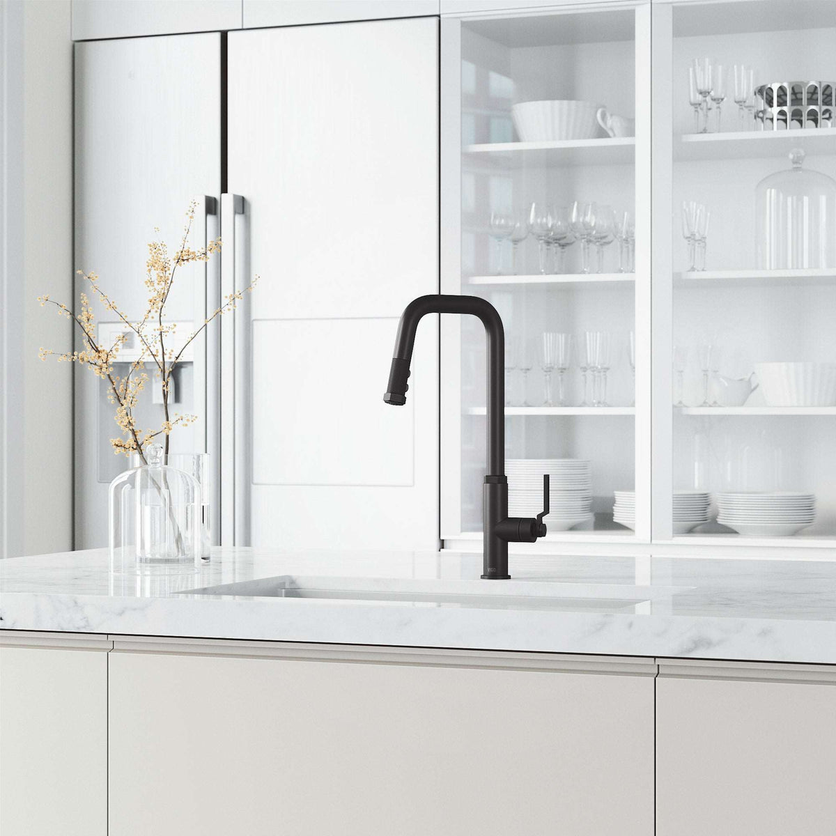 Hart Angular 18-inch stainless steel pull-down kitchen faucet with hexagonal accents and high-arc spout