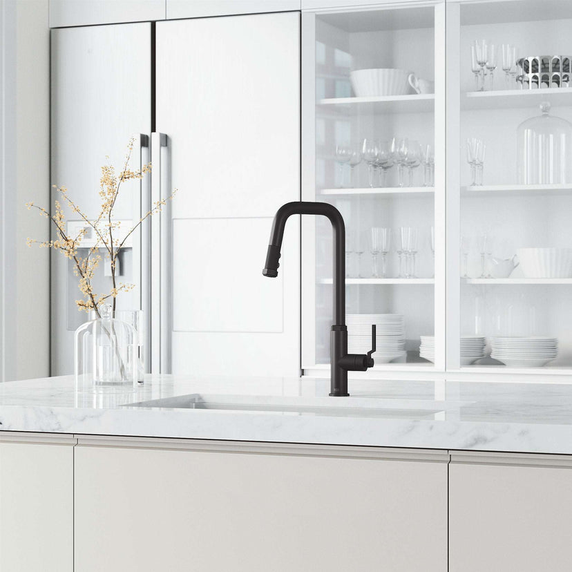Hart Angular 18-inch stainless steel pull-down kitchen faucet with hexagonal accents and high-arc spout