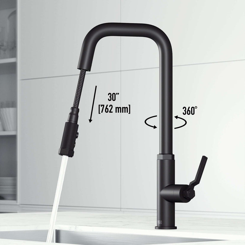 VIGO Hart Angular stainless steel pull-down kitchen faucet with high-arc spout and dual-mode spray head
