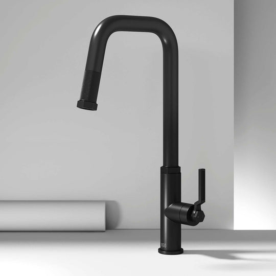 Hart Angular stainless steel pull-down kitchen faucet with hexagonal handle and high-arc spout