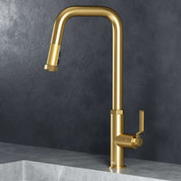 Hart Angular pull-down kitchen faucet in stainless steel with high-arc spout and dual-mode spray head