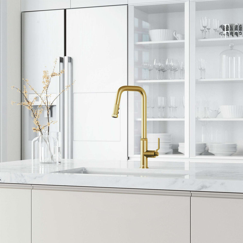Hart Angular stainless steel pull-down kitchen faucet with high-arc spout and dual-mode spray head