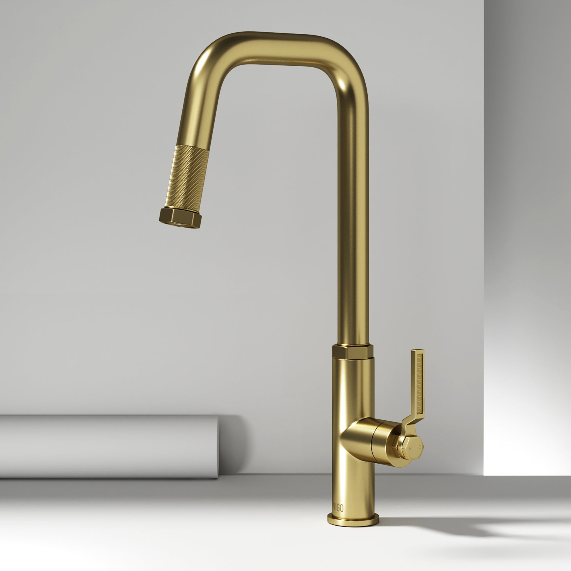 Matte brushed gold single handle kitchen faucet with pull-down sprayer and high-arc spout