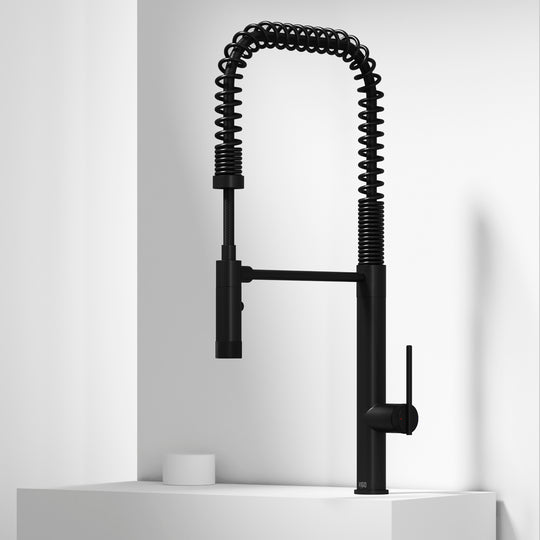 Matte black single handle kitchen faucet with pull-down sprayer and gooseneck spout