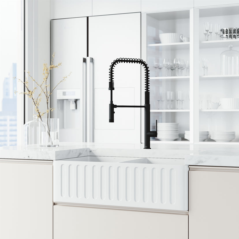 Modern deck-mounted kitchen faucet with ceramic disc cartridge and 360-degree swivel