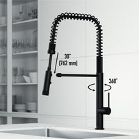 Stainless steel kitchen faucet with matte black finish and high-arc spout