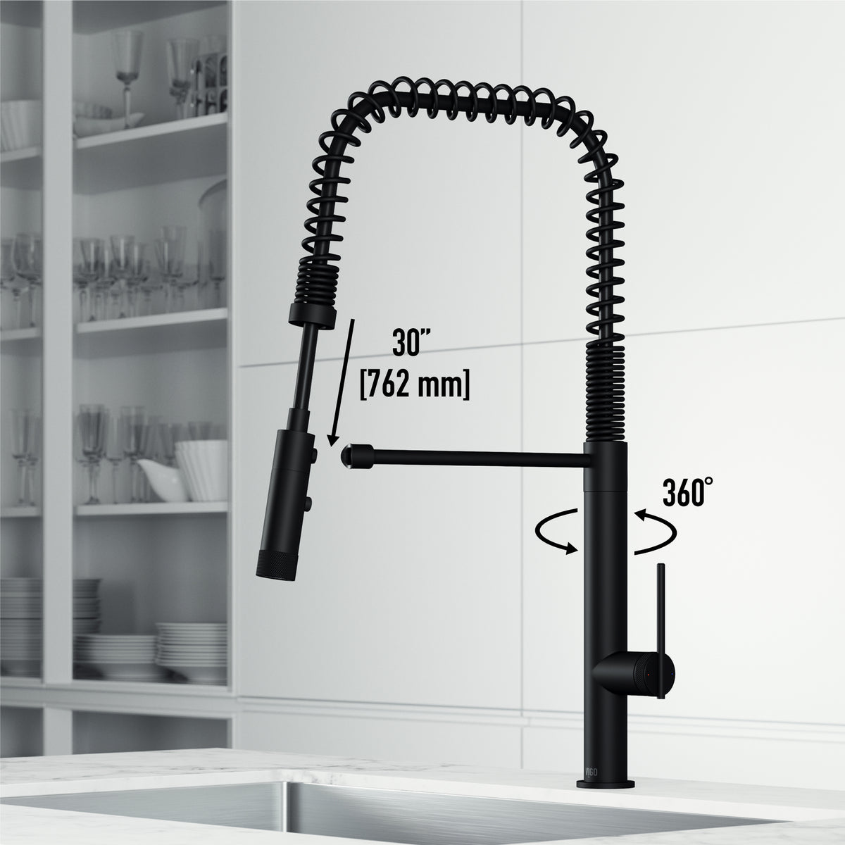 Stainless steel kitchen faucet with matte black finish and high-arc spout