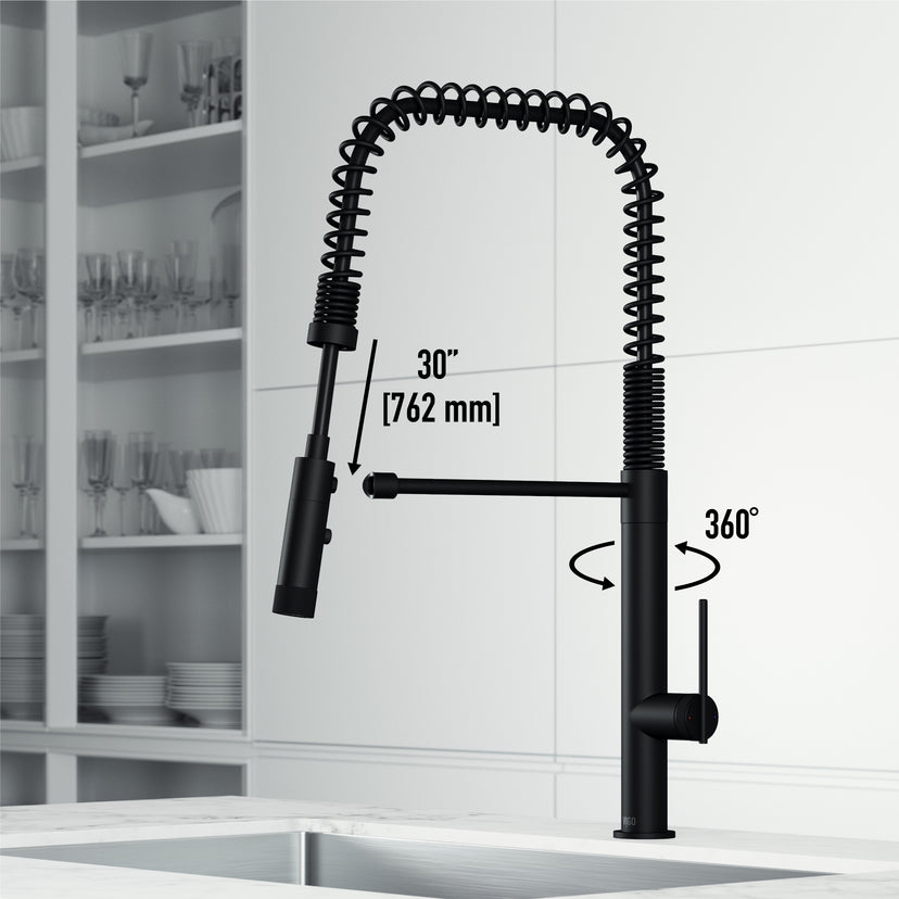 Stainless steel kitchen faucet with matte black finish and high-arc spout