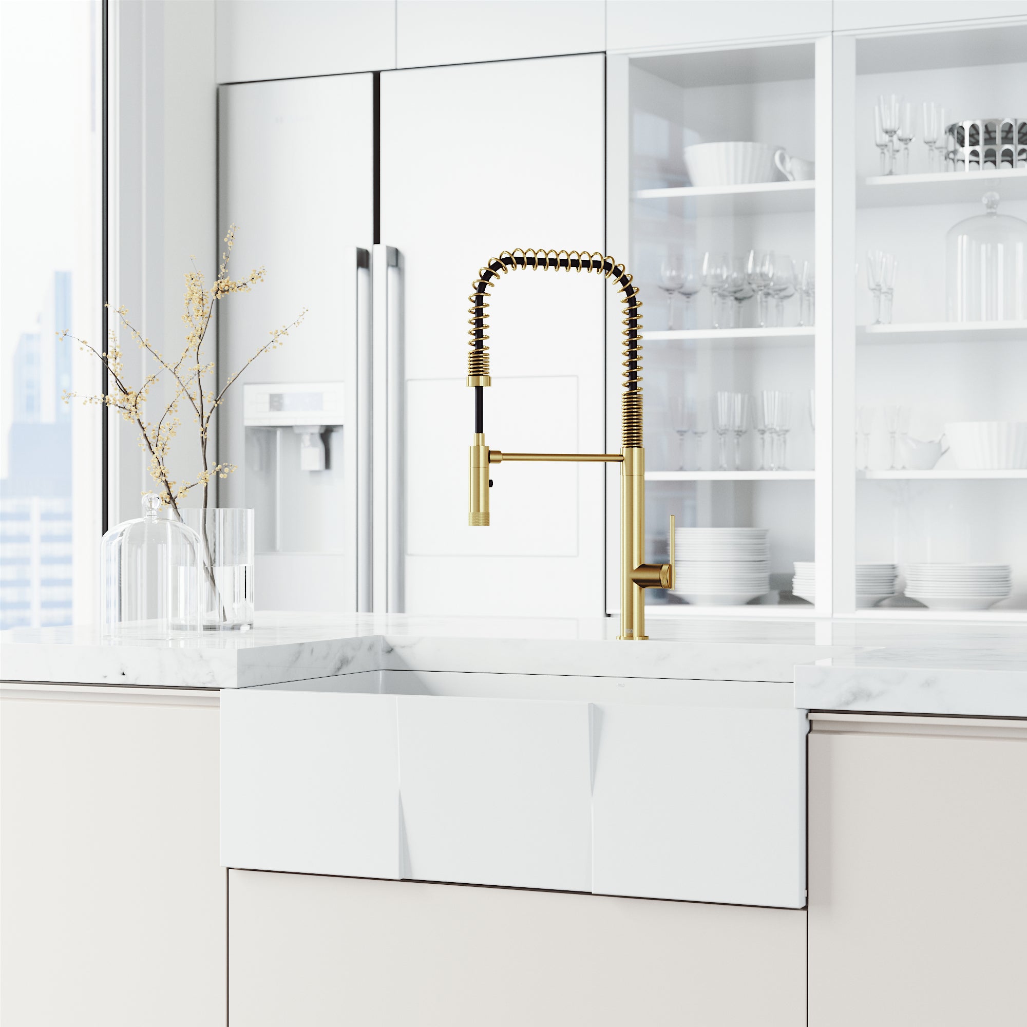 Modern deck-mounted faucet with ceramic disc cartridge and gooseneck spout