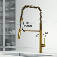 Kitchen faucet with matte brushed gold finish and 360-degree spout swivel