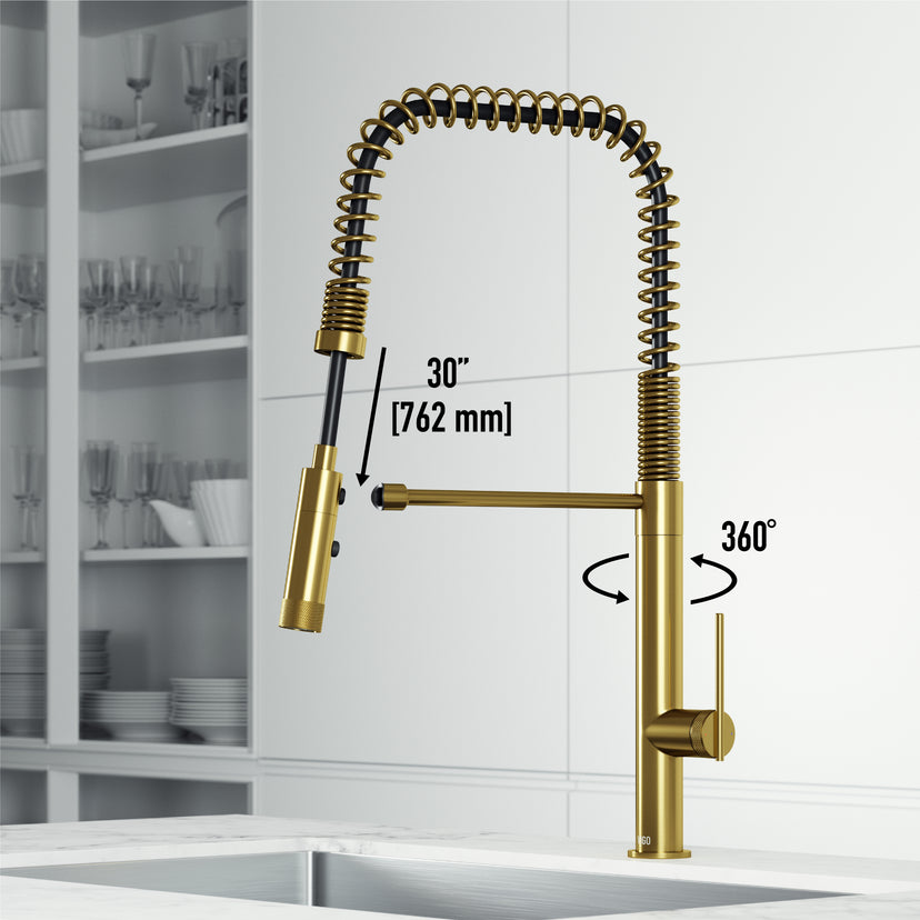 Kitchen faucet with matte brushed gold finish and 360-degree spout swivel